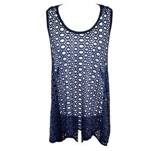 Comfy USA Navy Blue Crocheted Hi-Lo Overlay Stretchy Topper Cover Up Tank Top